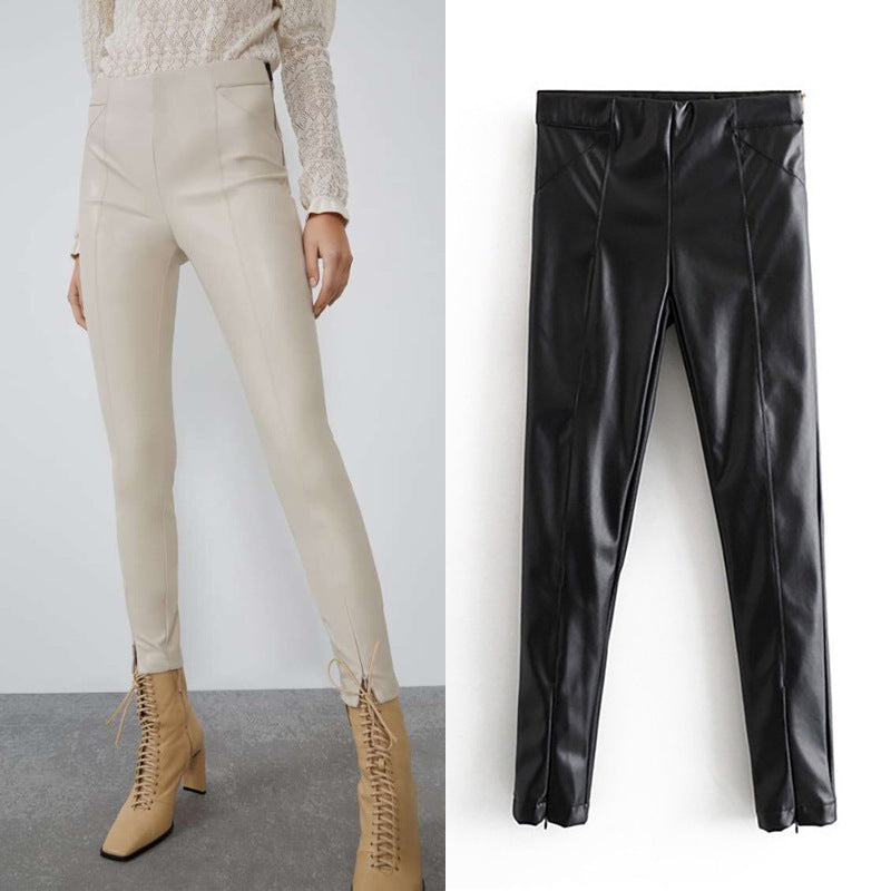 European and American high-waisted leather trouser legs