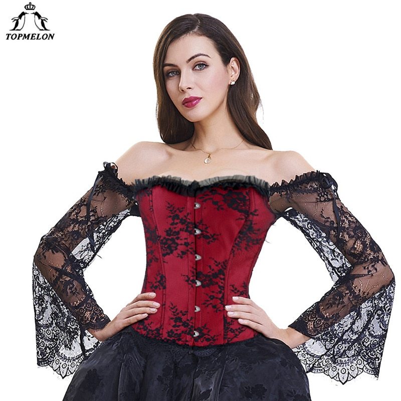 TOPMELON Steampunk Corset Bustier Gothic Corselet Corset Women Bustier Long Sleeve Lace Floral Off Shoulder Sexy Party Corset