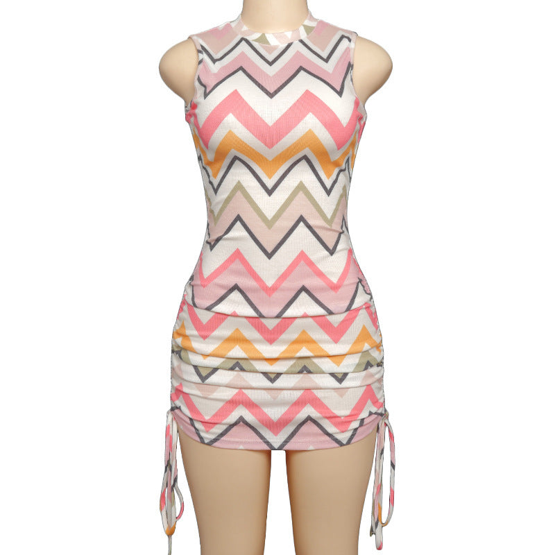 Drawstring Colorful Contrast Pleated Dress