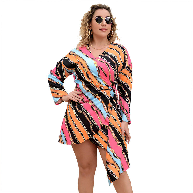 Colorful Print Long Sleeve V-Neck Dress
