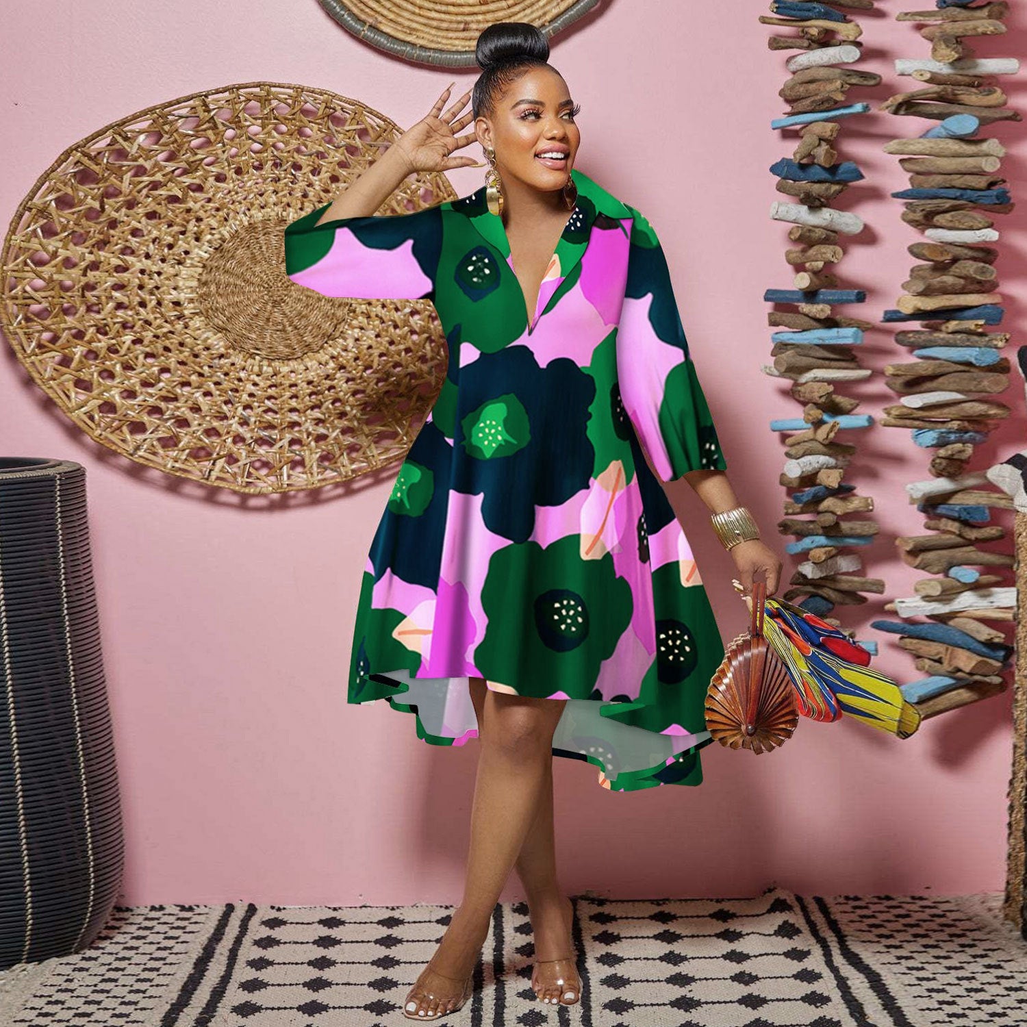 Colorful Dress With Stylish Lapels