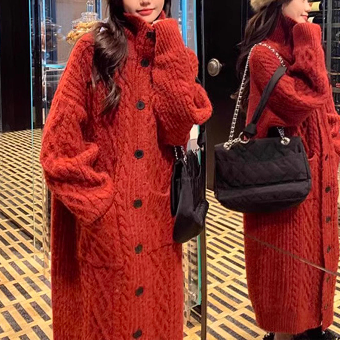 Cozy red knitted cardigan for women, featuring long sleeves and a button-up front, perfect for layering in cold weather.