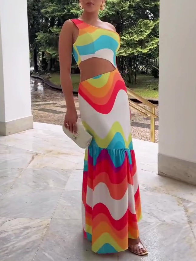 Colorful One Shoulder Cutout Dress