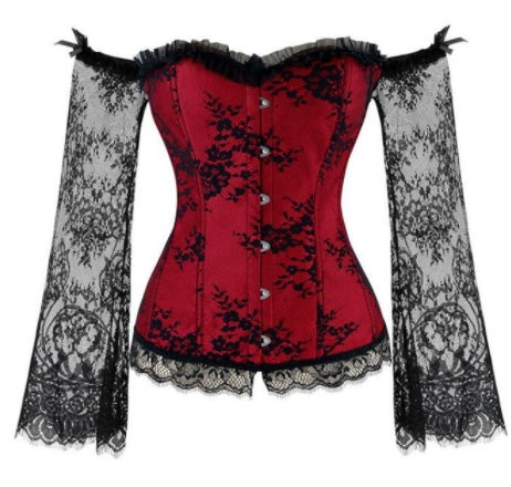 TOPMELON Steampunk Corset Bustier Gothic Corselet Corset Women Bustier Long Sleeve Lace Floral Off Shoulder Sexy Party Corset