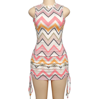 Drawstring Colorful Contrast Pleated Dress